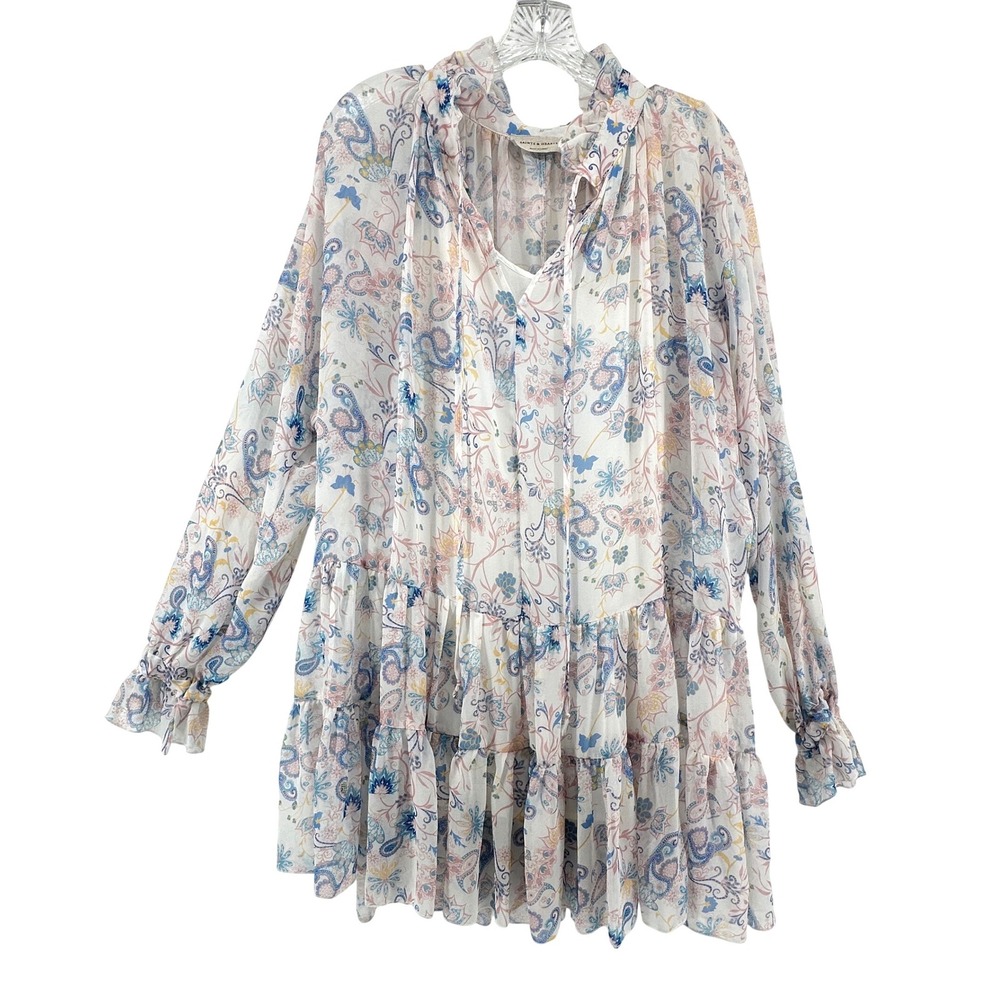 Saints & Hearts Paisley Floral Tiered Mini Dress Pastel Boho Small Cottagecore